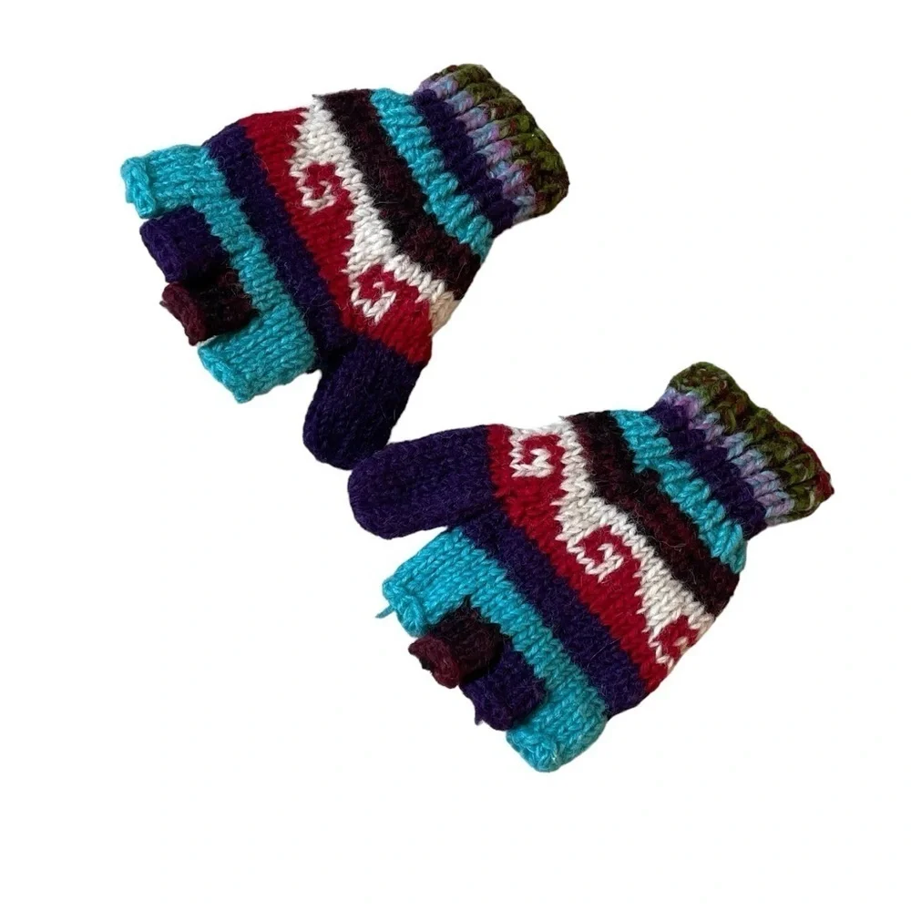 HANDMADE Nepal Wool Knit Convertible Mittens Fingerless Gloves Winter